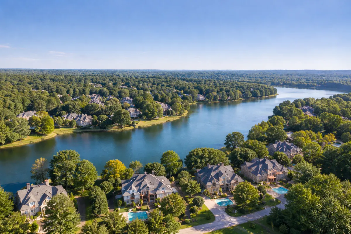 Aerial view of Windward neighborhood in Alpharetta, Georgia, featuring lakefront homes and mature tree-lined streets