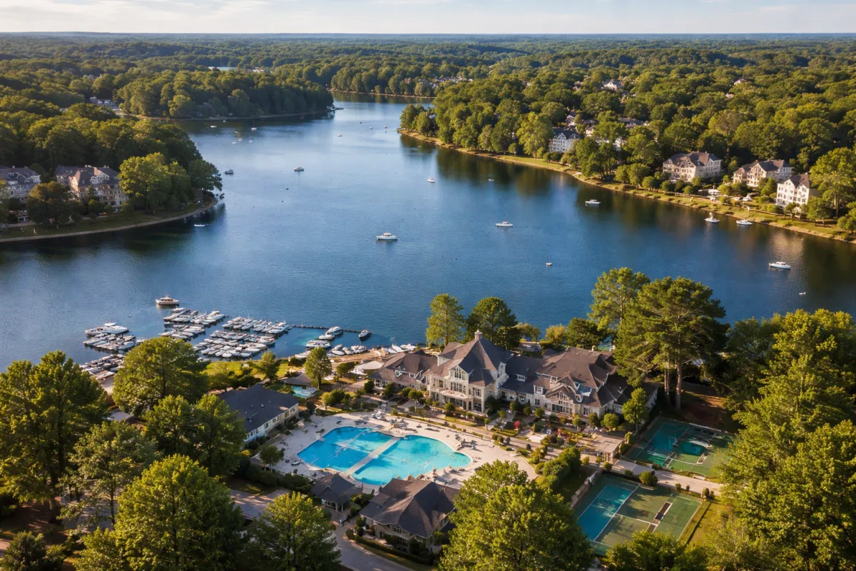 A high-resolution aerial photograph of the Windward neighborhood in Alpharetta, Georgia, featuring a private lake with boats, luxury homes nestled among dense greenery, and the Windward Lake Club with pools, tennis courts, and a marina.