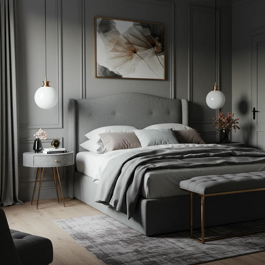 Elegant gray bedroom featuring a plush upholstered bed, soft bedding, modern pendant lighting, and stylish decor elements, embodying a calming and sophisticated atmosphere.