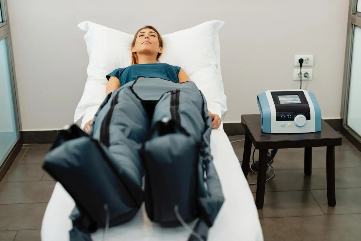 A person lies on a white bed wearing a pressotherapy suit that covers the legs and lower abdomen, connected to a nearby machine with a digital display. The clinical setting suggests a non-invasive wellness treatment focused on lymphatic drainage and improved circulation.