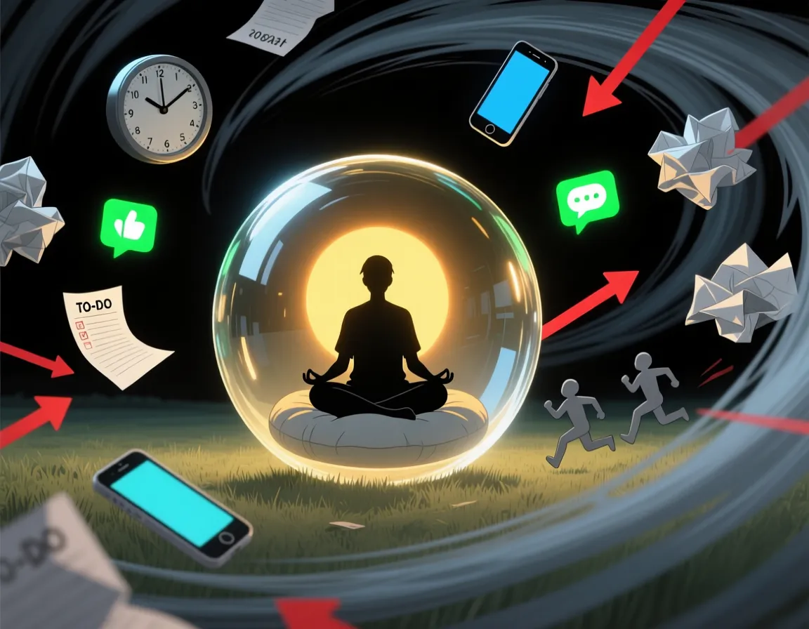 In un universo in tempesta di impegni, scadenze e distrazioni, una sola sfera di luce calda galleggia intatta. Al suo interno, una persona è in pace. Il caos le scorre attorno senza poterla intaccare. Perché lei ha deciso che quello spazio è la sua priorità. Il resto può aspettare.