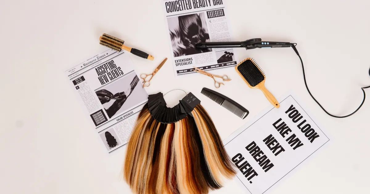 Luxury hair extensions and professional styling tools used at Conceited Beauty Bar in Lancaster PA