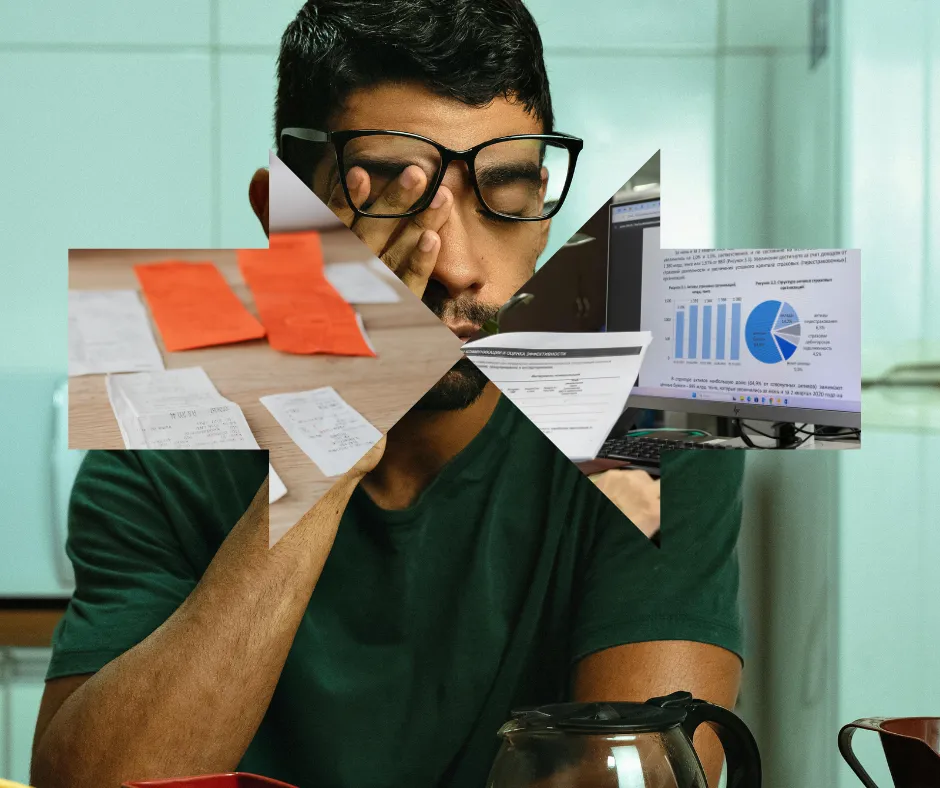 Man between household bills and business charts
