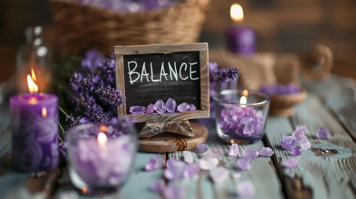 Peaceful wellness scene with balance sign, purple candles, lavender flowers, and amethyst crystals symbolizing nervous system regulation and inner harmony