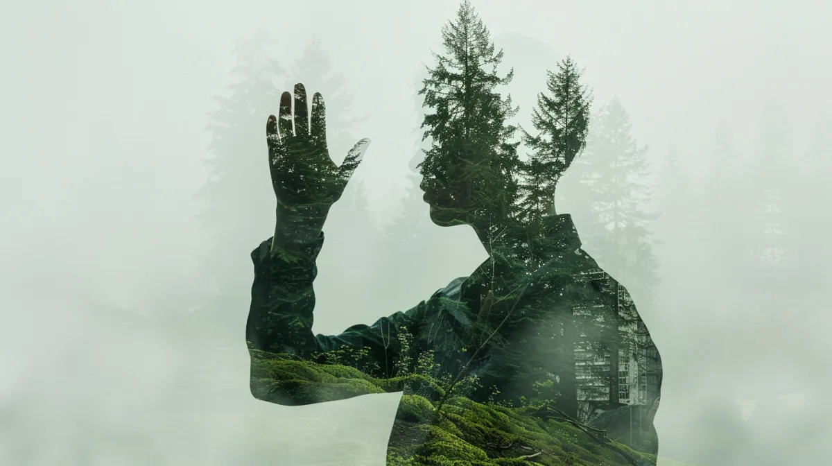 Double exposure silhouette of person with raised hand merged with misty forest symbolizing inner transformation and emotional awareness