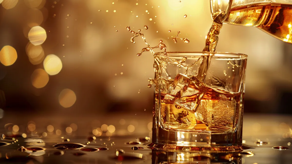 Golden whiskey pouring into glass with ice and bokeh lights representing the question of alcohol relationship and choice