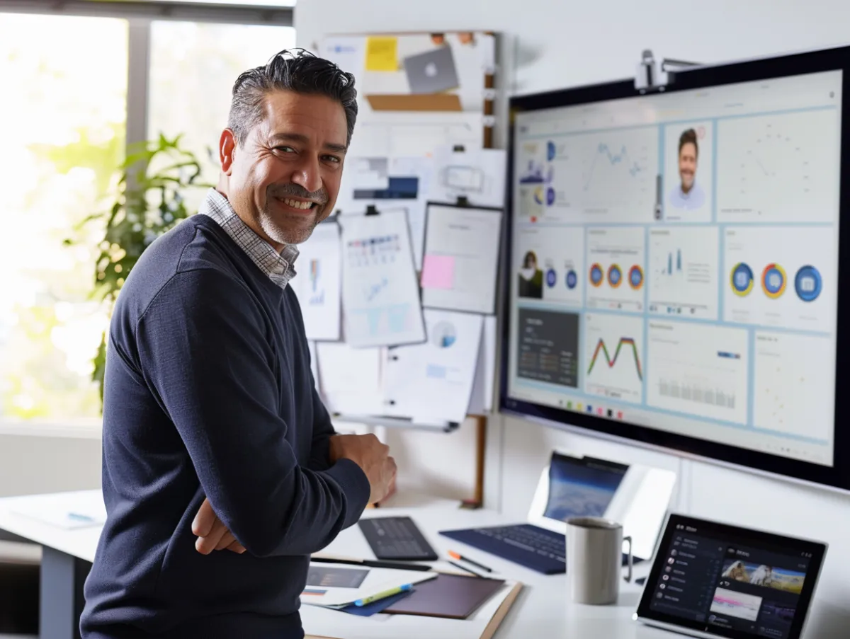 Hispanic male coach smiling while working on computer