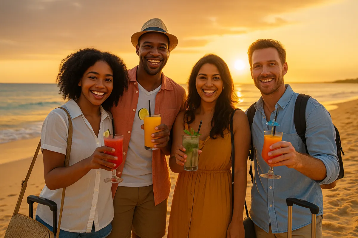 Group of friends celebrating a stress-free group trip on a Caribbean beach at sunset with drinks in hand.