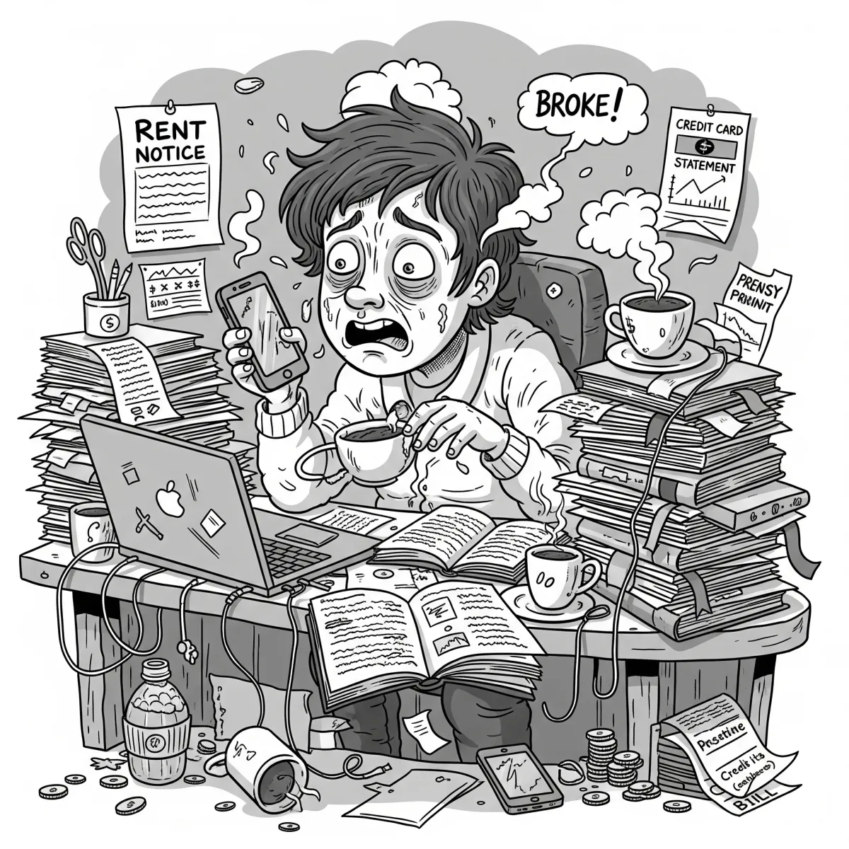 Man overwhelmed with tasks to do at his desk.