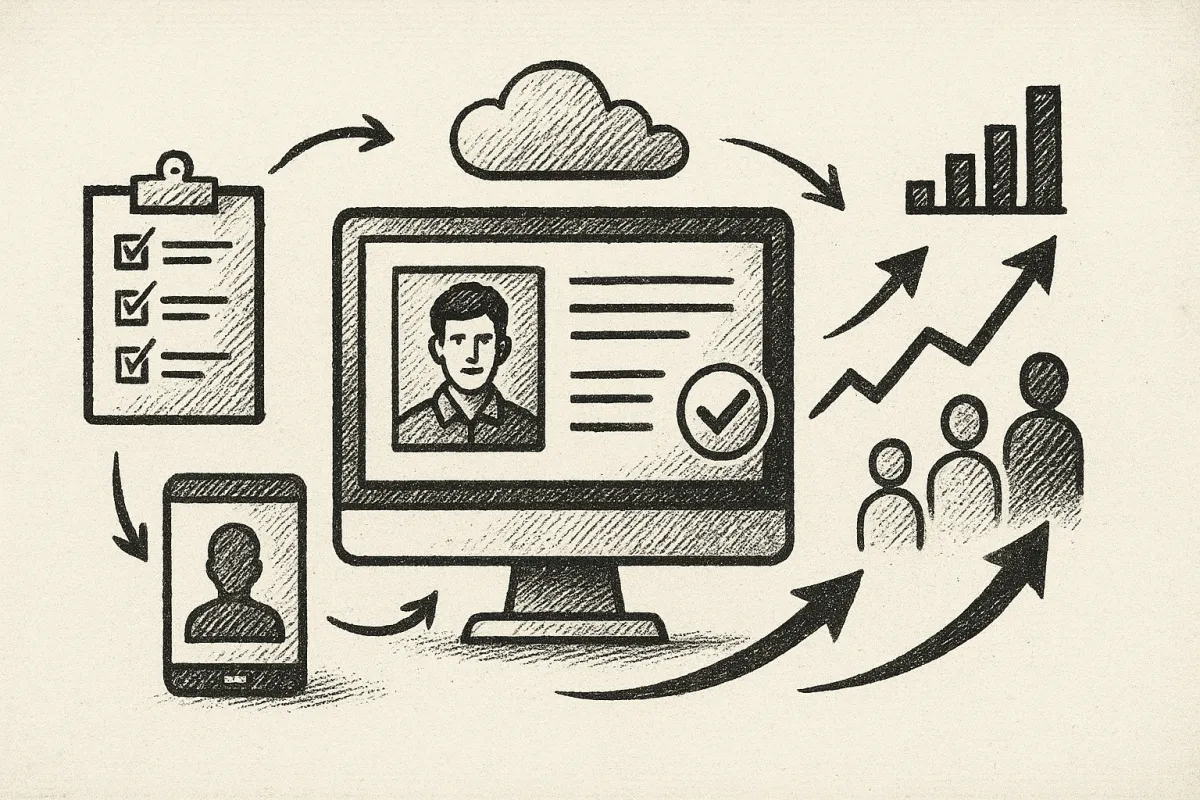 Ilustración en blanco y negro estilo sketch halftone vintage que representa conceptualmente un CRM para escuelas, con trazos a tinta, sombreados de puntos y textura de lienzo, evocando organización, captación de alumnos y tecnología educativa para aumentar inscripciones