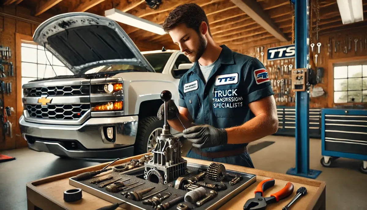 An expert mechanic from Truck Transmission Specialists conducting a thorough inspection of a truck's transmission shifter and linkage in a well-organized garage. The mechanic, wearing branded TTS attire, uses professional tools to ensure optimal vehicle performance. Featuring a high-quality Ford, Dodge, GMC, or Chevy truck, this image underscores TTS's commitment to maintaining top-notch transmission systems. Ideal visual content for articles on truck maintenance, transmission repair, and automotive care.