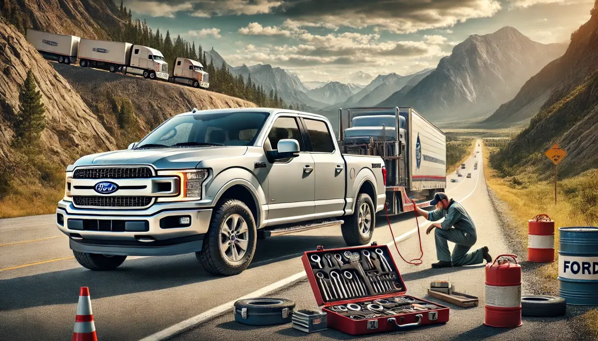 Heavy-duty truck towing a large load while cooling down during a scenic rest stop. The photo captures a truck in excellent condition against a picturesque mountainous backdrop, embodying the importance of regular maintenance and intelligent driving. A well-organized tool kit and a mechanic conducting a transmission check highlight the commitment to optimal vehicle performance. Perfect for illustrating tips on protecting your truck's transmission from premature failure when towing heavy loads, especially for Ford, Dodge, GMC, and Chevy enthusiasts. Key SEO terms: heavy-duty truck, towing, transmission maintenance, scenic highway, long-haul journeys.