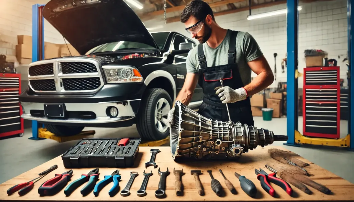 DIY Transmission Repair for Dodge Trucks: Step-by-Step Guide to Replacing the Shift Fork. Learn how to safely replace the shift fork in your Dodge truck's transmission with our detailed, easy-to-follow guide. Image shows a person in safety gear working on a Dodge truck's transmission in a well-organized and well-lit garage, with tools arranged neatly on a workbench. Ideal resource for Dodge truck owners looking to perform a transmission repair with precision and confidence.
