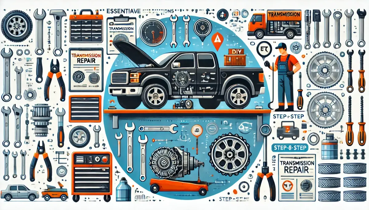 Interactive illustration of DIY transmission repair for a pickup truck in a home garage. The scene showcases essential tools like wrenches, a transmission jack, a torque wrench, and a diagnostic scanner. Key elements include a mechanic fixing fluid leaks, replacing transmission filters, and addressing slipping gears. Icons and labels highlight safety precautions, step-by-step guides, and post-repair testing. The backdrop features a well-organized workspace with shelves of tools and equipment, emphasizing the practical and methodical approach to DIY repairs. This detailed visualization empowers truck owners to undertake common transmission repairs at home, saving time and money while enhancing their understanding of their vehicle's inner workings.