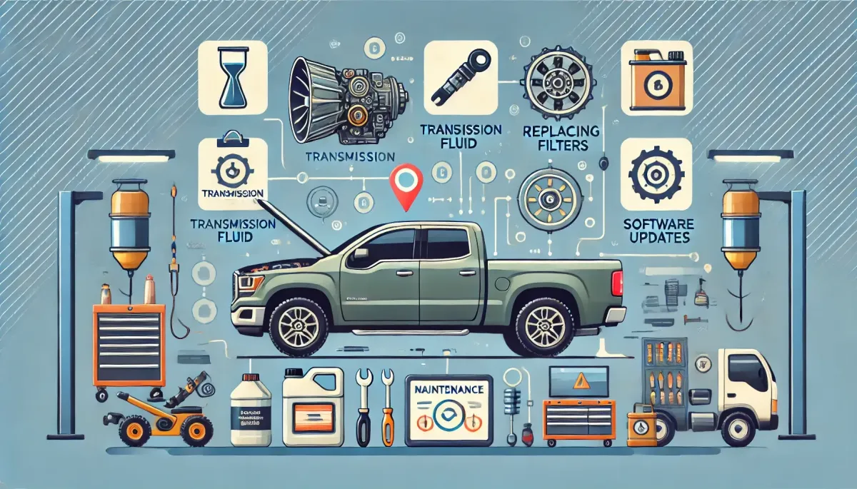 Illustration of a pickup truck undergoing transmission maintenance in a well-equipped garage. Highlights tasks such as checking fluid levels, replacing filters, ensuring cooling systems function, and performing software updates. Emphasizes importance of regular maintenance for a smooth and reliable drive.