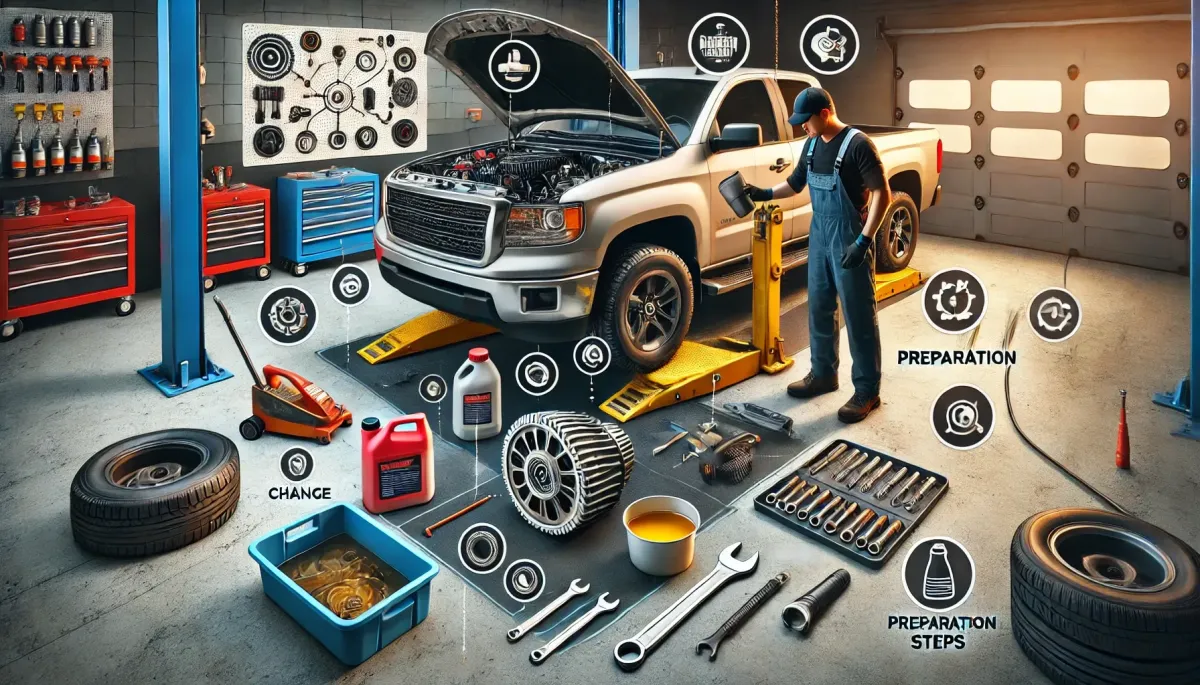 Engaging photo of a pickup truck in a modern garage with a mechanic performing a DIY transmission fluid change. The scene includes tools such as a jack, jack stands, wrench set, drain pan, fluid pump, funnel, and gloves. Key elements show the mechanic draining old fluid, replacing the transmission filter, and refilling with new fluid. Icons and labels highlight the importance of regular fluid changes, preparation steps, and the benefits of using the right tools and materials. The well-organized workspace emphasizes the ease and effectiveness of DIY transmission maintenance.