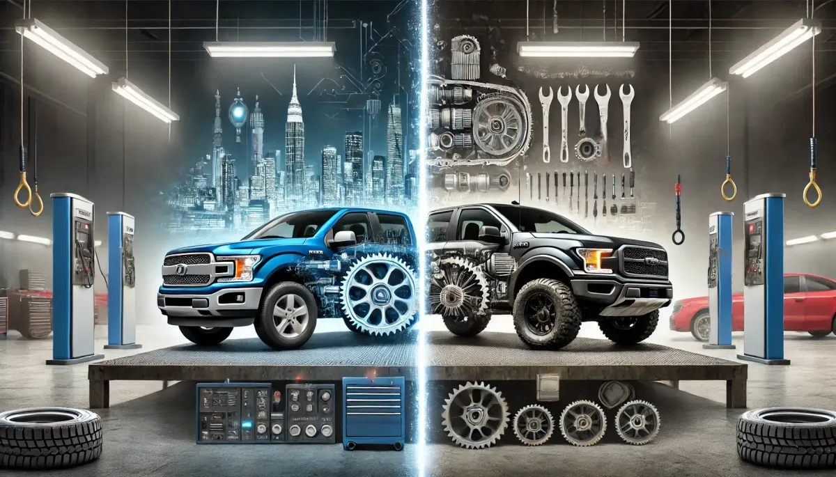 A side-by-side image of two pickup trucks, one with an automatic transmission and the other with a manual transmission, in a modern garage setting. The automatic transmission truck is shown in a busy city environment, emphasizing ease of use and convenience, while the manual transmission truck is depicted in an off-road setting, highlighting control and engagement. The garage background includes tools and diagnostic equipment, showcasing the maintenance aspects of both transmission types. This image illustrates the choice between automatic and manual transmissions, focusing on performance, maintenance, and personal preferences.