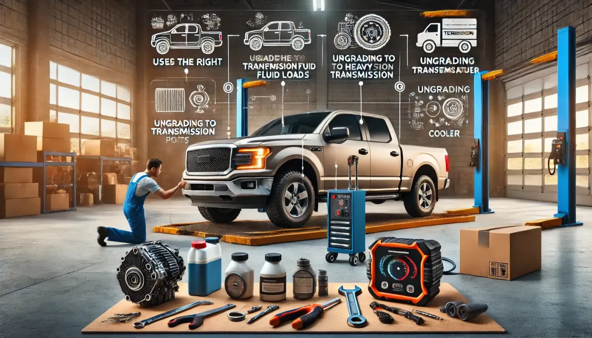 Engaging photo of a pickup truck in a modern garage with a mechanic preparing the truck for towing heavy loads. The scene includes tools such as a wrench set, transmission fluid pump, and diagnostic scanner. Key elements show the mechanic checking transmission fluid levels, inspecting filters, and installing an auxiliary transmission cooler. The well-organized workspace emphasizes the importance of thorough preparation and maintenance for maximizing towing capacity.