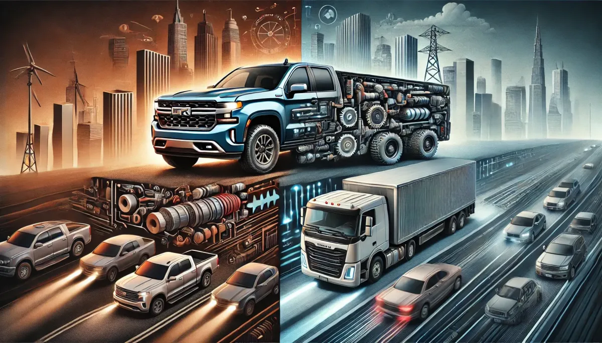 A side-by-side visual comparison of two modern pickup trucks highlighting the differences between manual and automatic transmissions. The manual transmission truck is shown navigating rugged terrain, demonstrating greater control and fuel efficiency. In contrast, the automatic transmission truck is depicted towing a large trailer smoothly on a highway, emphasizing ease of use and superior towing capability. The background features a mix of city traffic and off-road elements, representing the diverse driving conditions each transmission type excels in. This image captures the essence of choosing the right transmission for various driving needs and preferences.
