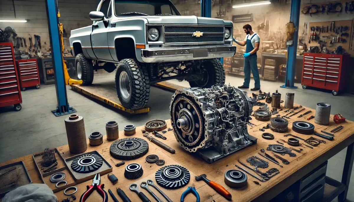 An image of a Chevrolet pickup truck in a garage setting, where a transmission rebuild is taking place. The transmission is disassembled on a workbench, with various parts like clutches, bands, and seals laid out for inspection. A mechanic is inspecting components, while the truck is partially lifted in the background for access. Tools and safety gear are neatly organized, emphasizing the importance of a methodical and precise rebuild process to restore reliable performance and extend the transmission's lifespan.