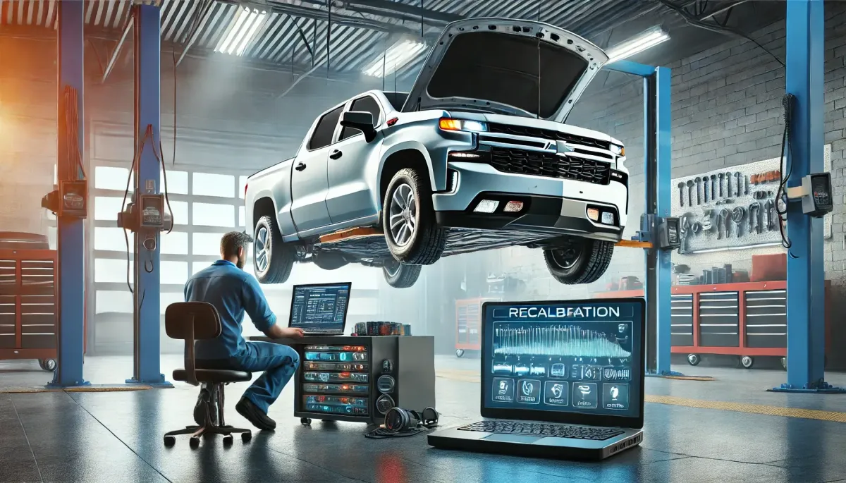 An engaging image of a modern Chevrolet pickup truck in a professional garage setting, with a technician performing transmission recalibration using a laptop connected to the truck’s OBD-II port. The scene emphasizes the importance of optimizing transmission performance through recalibration, showcasing the benefits of smoother shifts, improved fuel efficiency, and better adaptation to driving conditions.