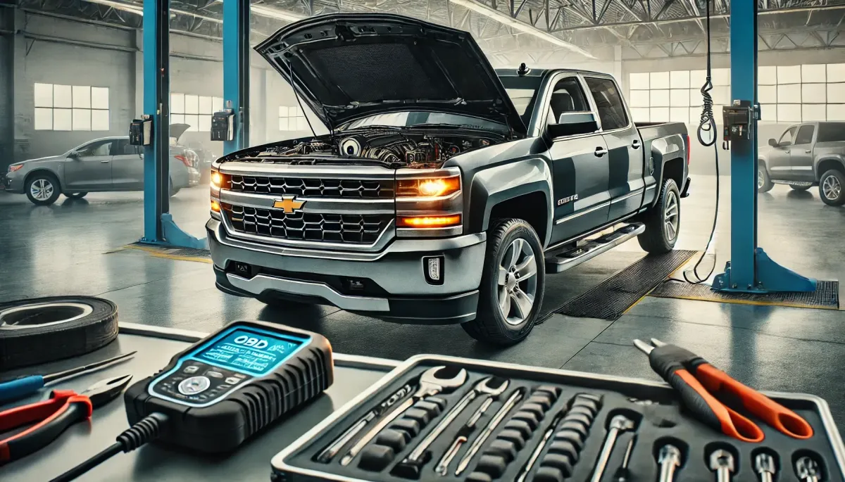 The image captures the essence of transmission troubleshooting with a modern Chevrolet pickup truck in a well-equipped garage setting. The truck's hood is open, and diagnostic tools like an OBD-II scanner and an infrared thermometer are nearby, emphasizing a professional and clean environment. This visual reinforces the concept of identifying and resolving common transmission issues efficiently.