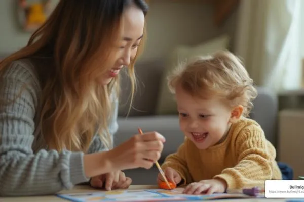 a woman and a child drawing and laughing