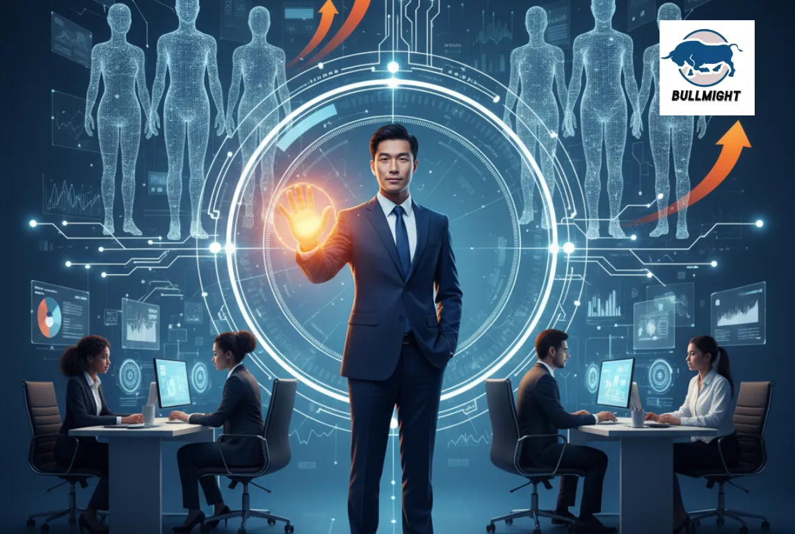 illustration showing a business leader guiding a hybrid human–AI team.