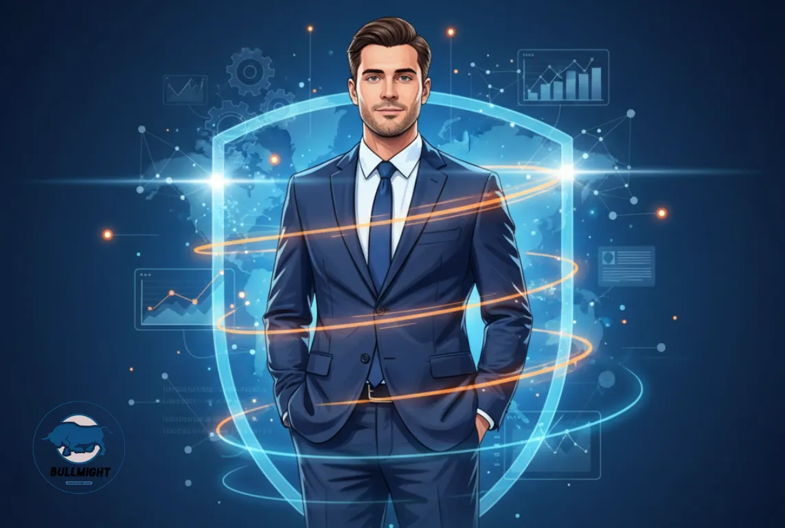 illustration showing a founder standing at the center of a glowing network of systems