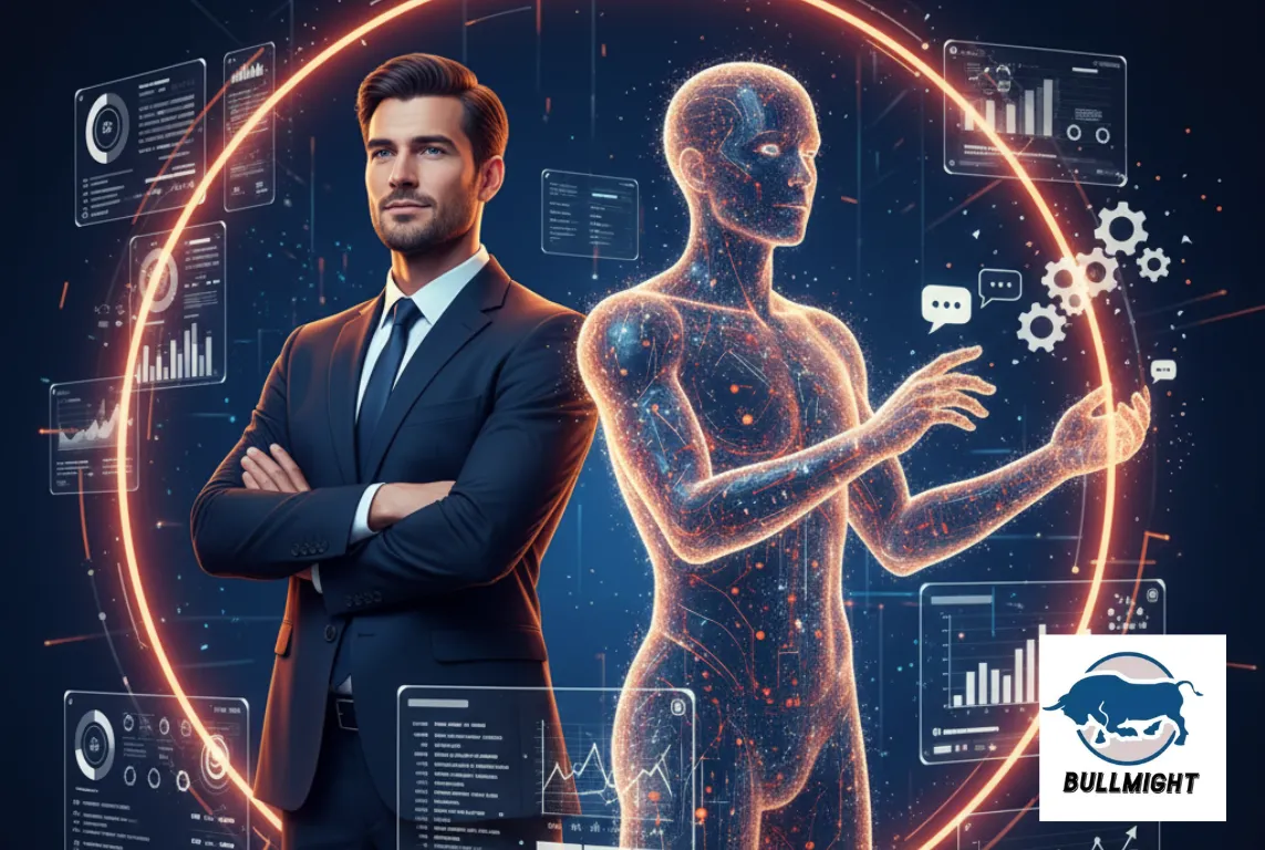 illustration showing a business founder standing beside their AI-powered twin