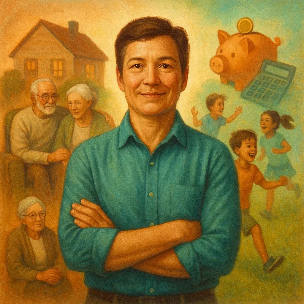 A confident middle-aged caregiver stands with arms crossed, symbolizing balance and resilience. In the background, elderly parents are seated in a cozy home, while happy children play nearby. Subtle financial symbols like a piggy bank and calculator float in the background, representing financial planning. The image conveys the strength and challenges of the Sandwich Generation.