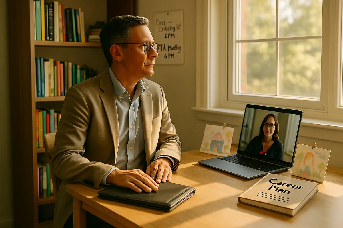 Middle-aged professional sitting at a home office desk with a laptop video call and a closed career plan notebook, symbolizing career pause for caregiving in the Sandwich Generation.