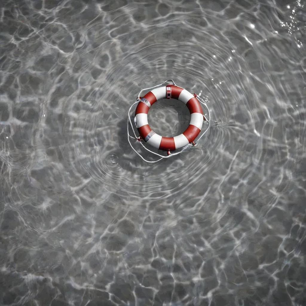 Red and white striped lifesaving ring floating in water