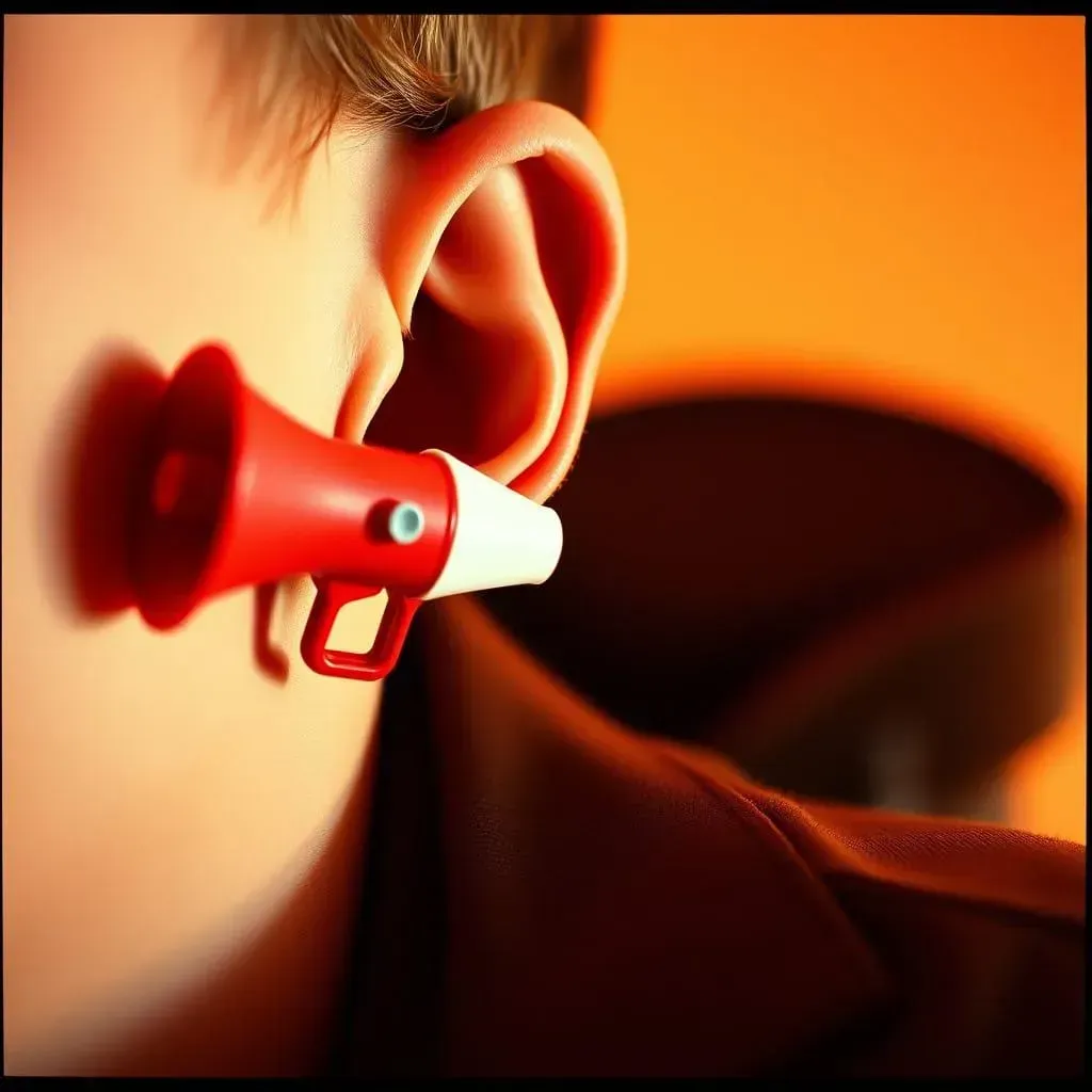 Picture of someone's ear, with a tiny megaphone blasting next to it