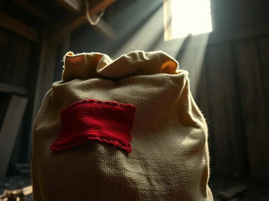 closeup view of cloth bag with a red patch sewn on to cover a tear. The bag is lying in an old barn, with only a shaft of light illuminating it.