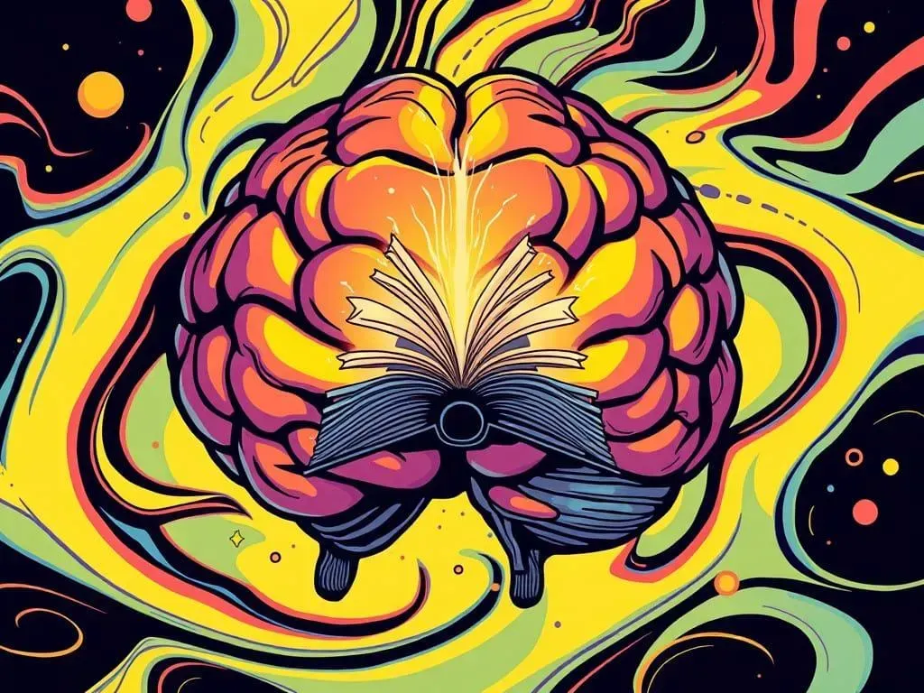 Image of a cartoon brain with a book inside it