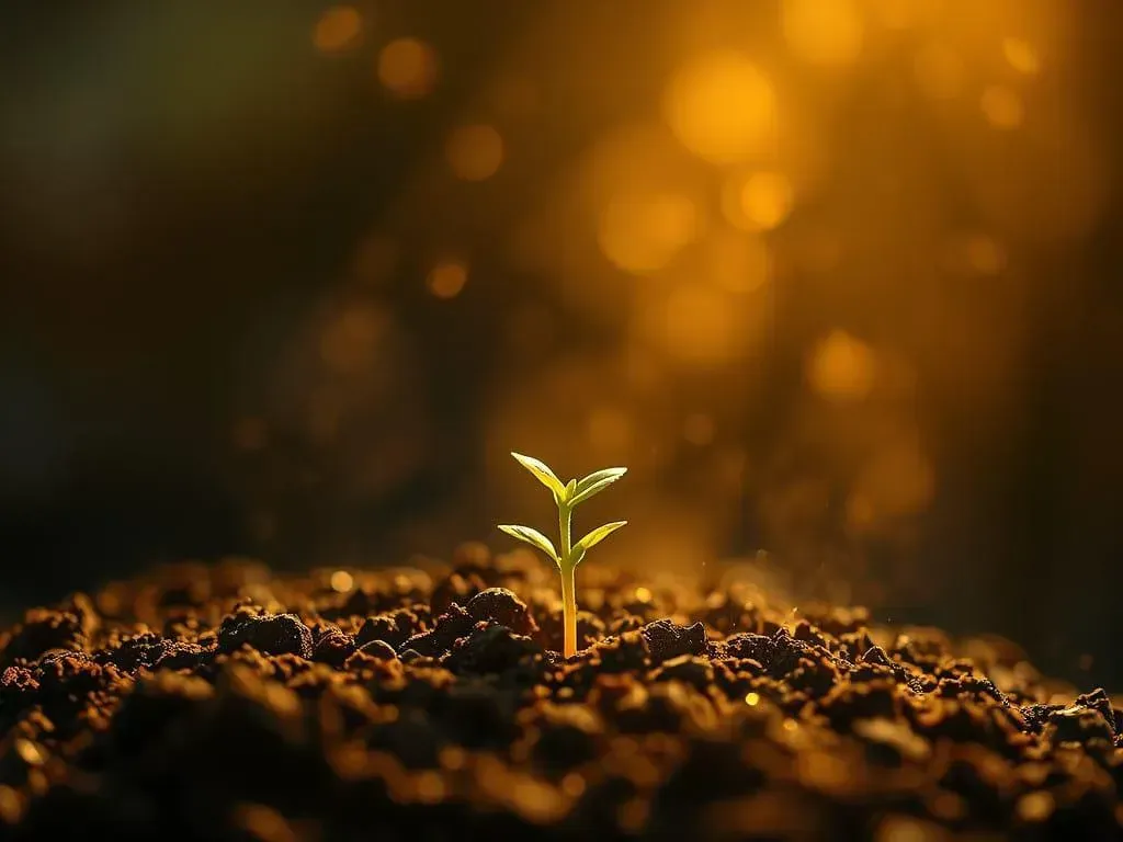 Tiny sprout poking out of dirt, warm studio lighting