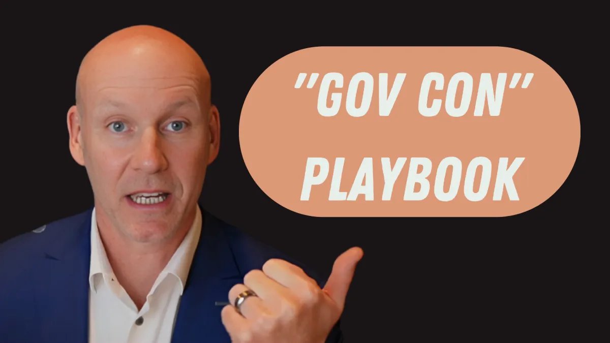 An illustrated person wearing sunglasses with American flag patterns, with the words "The GOVCON" in large letters and "It's Friggin' Awesome!" above. The background fades from light to dark blue.