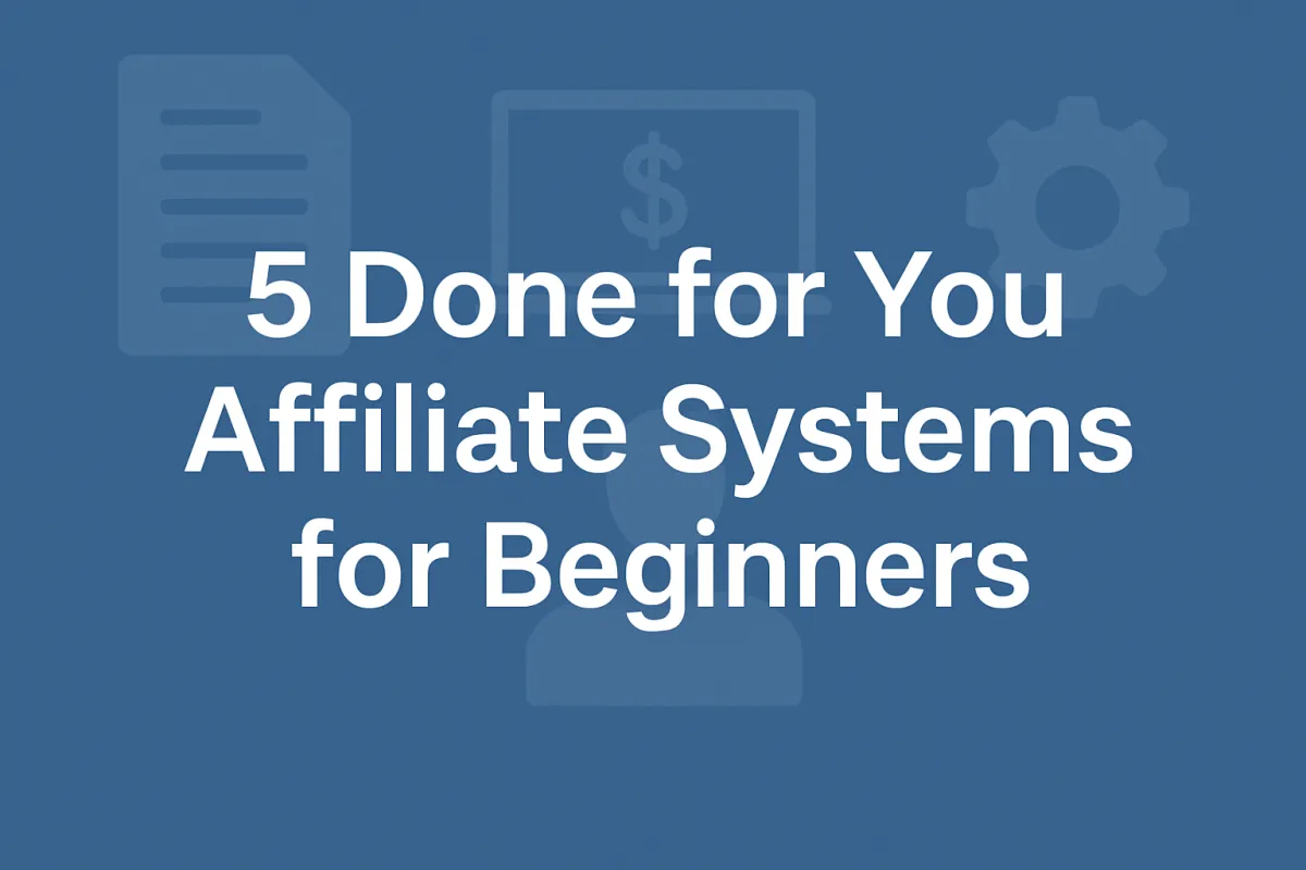 Cover image with the text ‘5 Done for You Affiliate Systems for Beginners’ displayed in bold white letters over a blue background with subtle icons of a document, dollar symbol, and gear, representing simplicity in affiliate marketing systems.