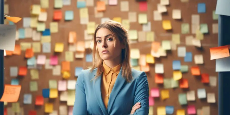 A church administrator standing in front of a wall of post-it-notes