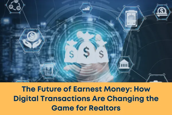 Real estate agent using a digital device to process an Earnest Money Deposit (EMD) transaction, showcasing secure and seamless online payment methods. The agent and client are sitting in a bright, modern office, highlighting the efficiency and transparency of digital real estate transactions. The screen displays transaction details, emphasizing the convenience of real-time tracking and verification