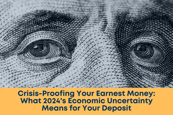 Crisis-Proofing Your Earnest Money' with charts, graphs, and real estate icons in muted blues and grays, reflecting economic uncertainty in 2024.