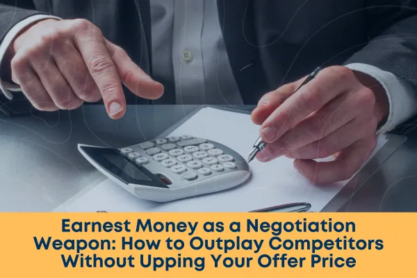 Earnest Money as a Negotiation Weapon,' featuring a chessboard and real estate icons, symbolizing strategy in negotiations. The colors are deep blue and gold, conveying sophistication and competitiveness.