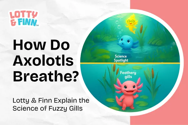 Cartoon axolotls Lotty and Finn showing fuzzy gills while blowing bubbles in their Pond