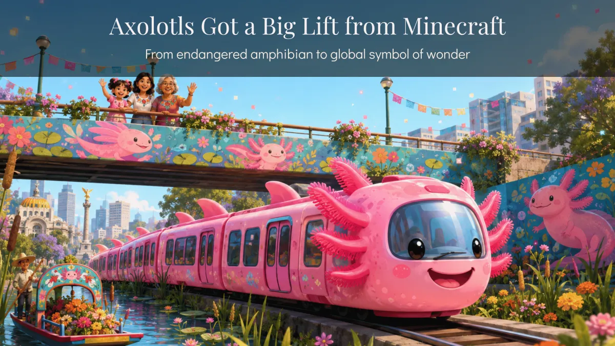 A whimsical pink commuter train shaped like a smiling axolotl glides through Mexico City. A grandmother, mother, and young girl wave from a pedestrian bridge painted with axolotl murals and lined with papel picado. The Mexico City skyline and a traditional Xochimilco flower boat complete the scene.