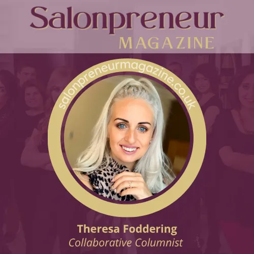 Theresa Foddering, The Naildresser, blonde hair tied up in high pony tail. theresa faes camera with animal print sleeveless blouse. Smiling. Collaborative Columnist for Salonpreneur Magazine