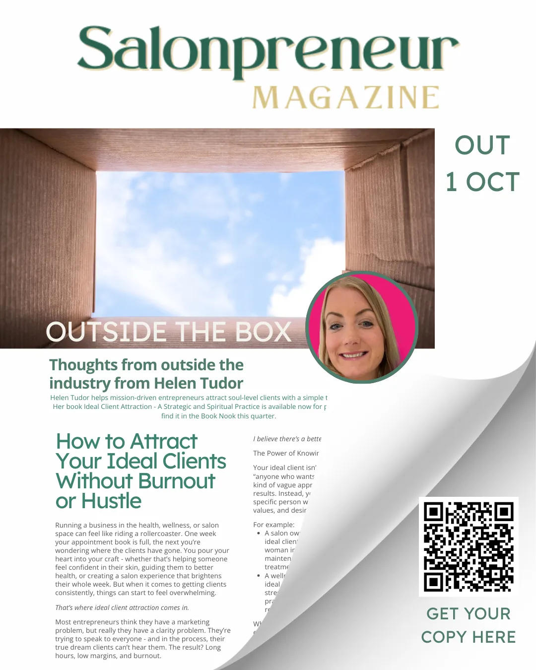 Salonpreneur Magazine Helen Tudor Outside the Box article on Attracting Your Ideal Client without burnout. Image of blue sky looking through a box with headshot of Helen tudor