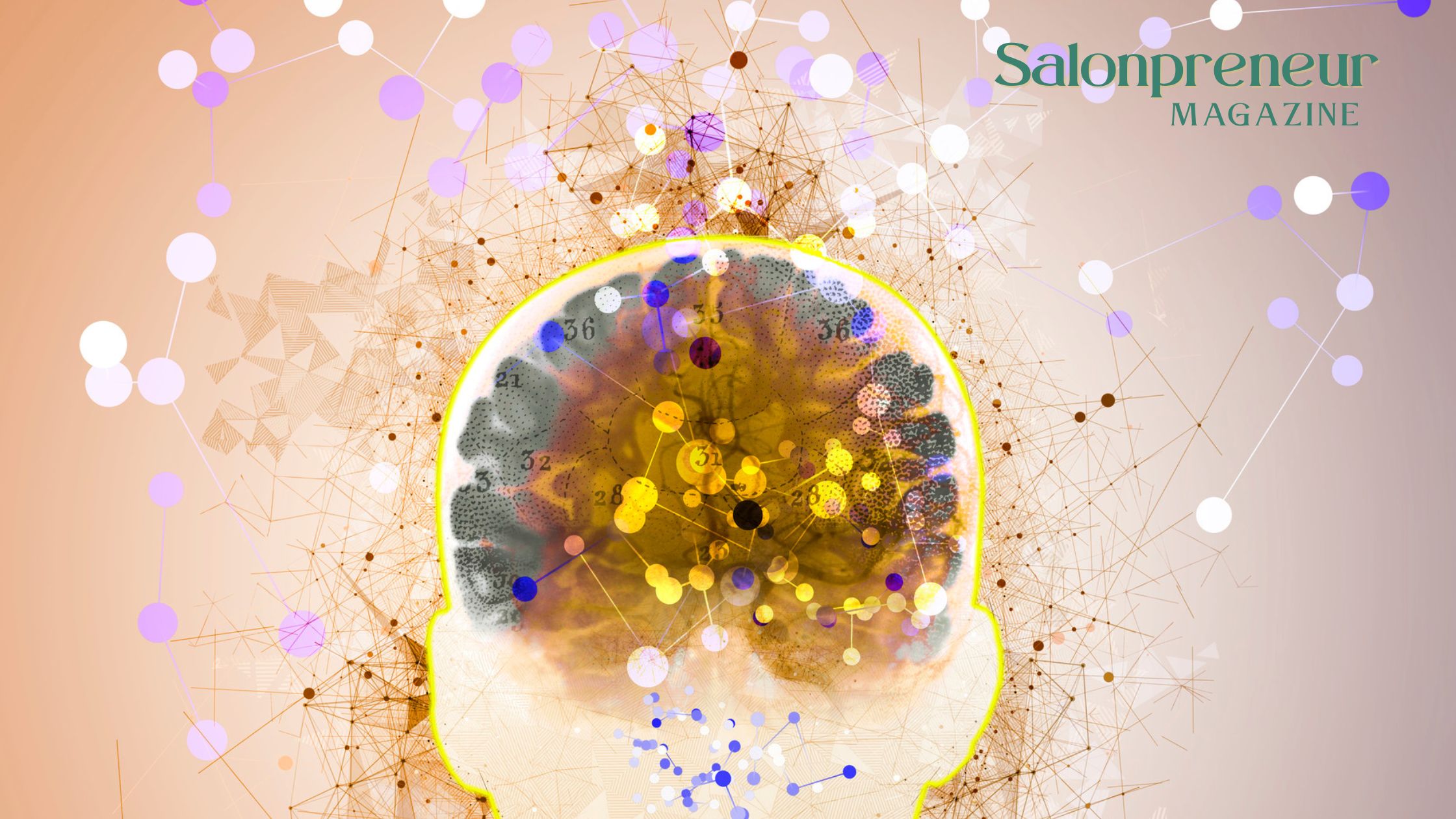 Multi colour image of a brain surrounded by sparkle on an ombred background of peach through to grey with Salonpreneur Magazine logo in green top right corner