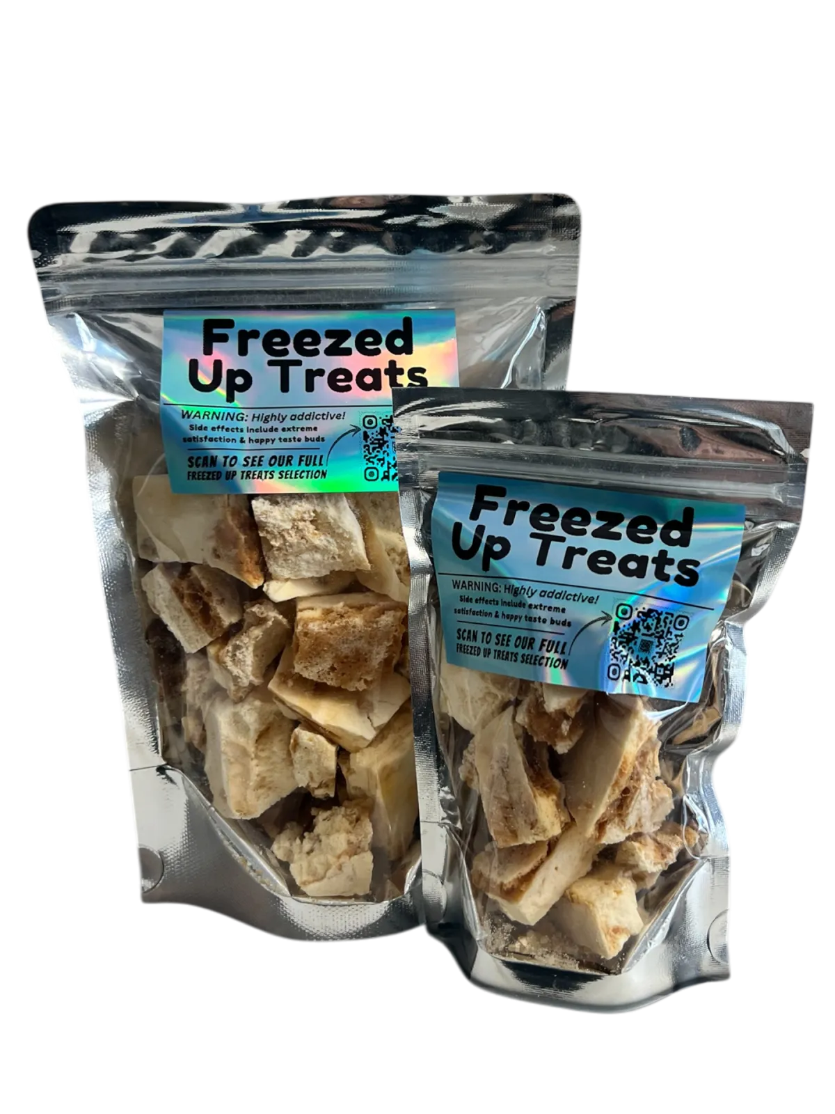 A bag of Freeze-Dried Caramel & Pralines Ice Cream – crispy, creamy, and packed with caramelized pecans and rich vanilla flavor.