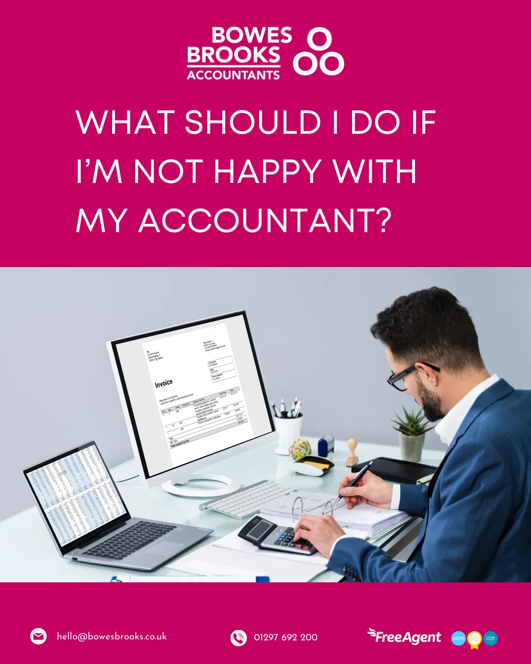 Frustrated business owner looking at documents or a laptop, symbolising dissatisfaction with professional services.